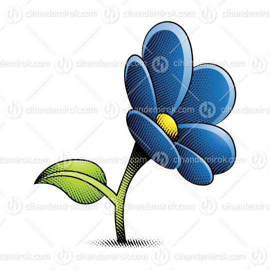 Scratchboard Engraved Daisy Flower with Yellow and Dark Blue Fill