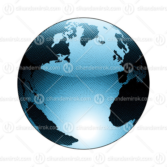 Scratchboard Engraved Globe Illustration with Blue Fill