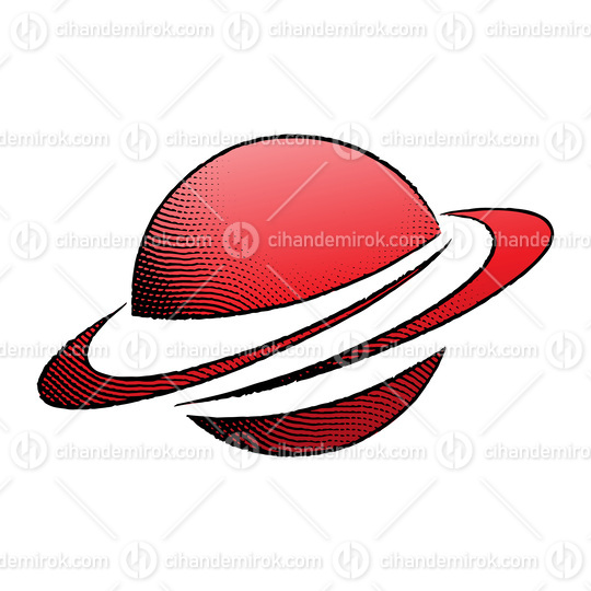 Scratchboard Engraved Icon of a Planet with Red Fill