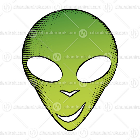 Scratchboard Engraved Icon of Alien Face with Green Fill