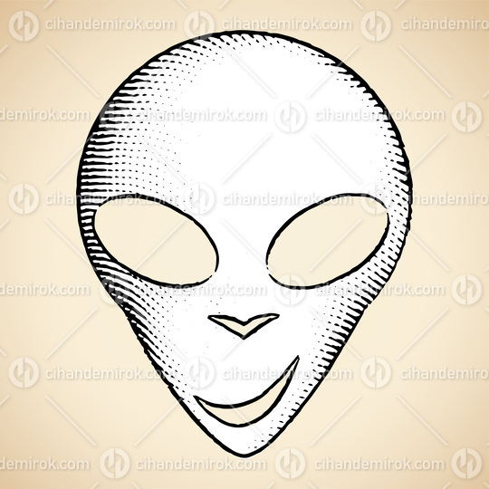 Scratchboard Engraved Icon of Alien Face with White Fill