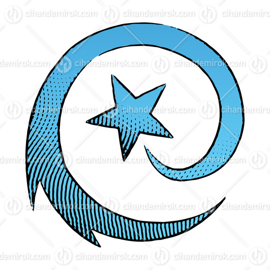 Scratchboard Engraved Icon of Round Shooting Star with Blue Fill