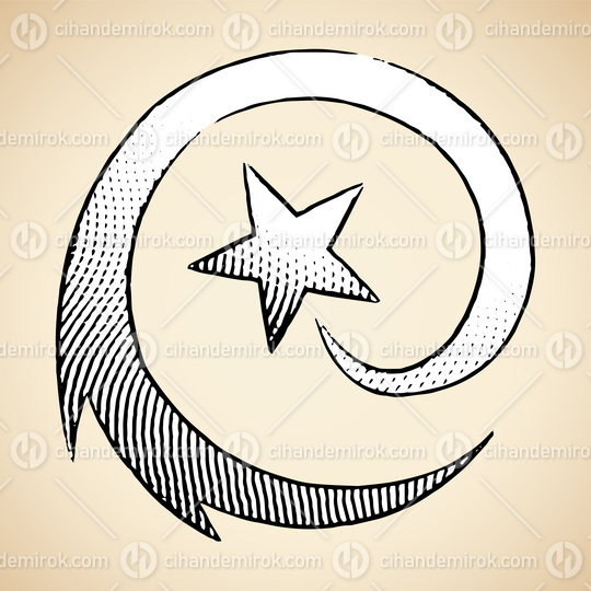 Scratchboard Engraved Icon of Round Shooting Star with White Fill