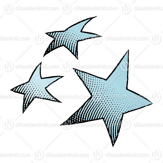 Scratchboard Engraved Icon of Stars with Blue Fill
