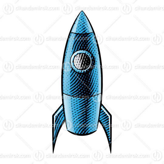 Scratchboard Engraved Illustration of a Rocket with Blue Fill
