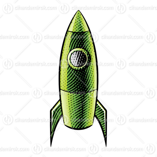 Scratchboard Engraved Illustration of a Rocket with Green Fill