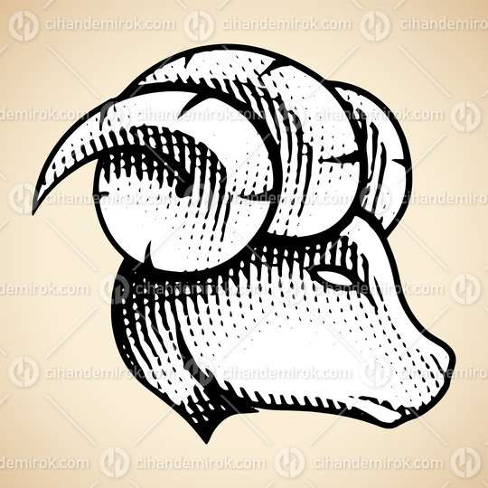 Scratchboard Engraved Ram Profile View with White Fill