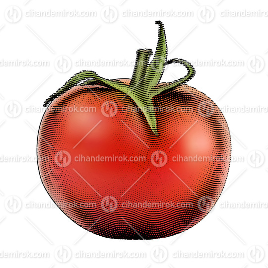 Scratchboard Engraved Red Tomato over a White Background