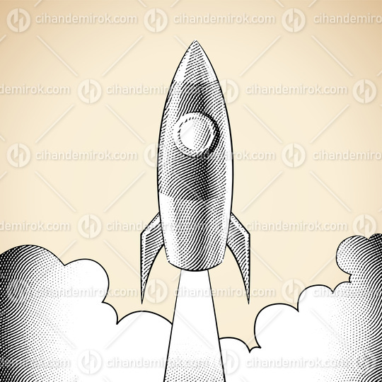 Scratchboard Engraved Rocket Launching Over a Beige Background