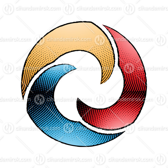 Scratchboard Engraved Round Wavy Letter O with Colorful Fill