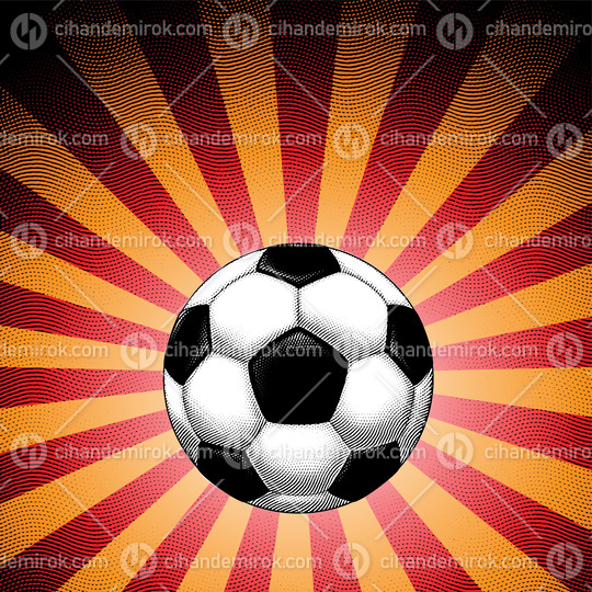 Scratchboard Engraved Soccer Ball over a Red Striped Background