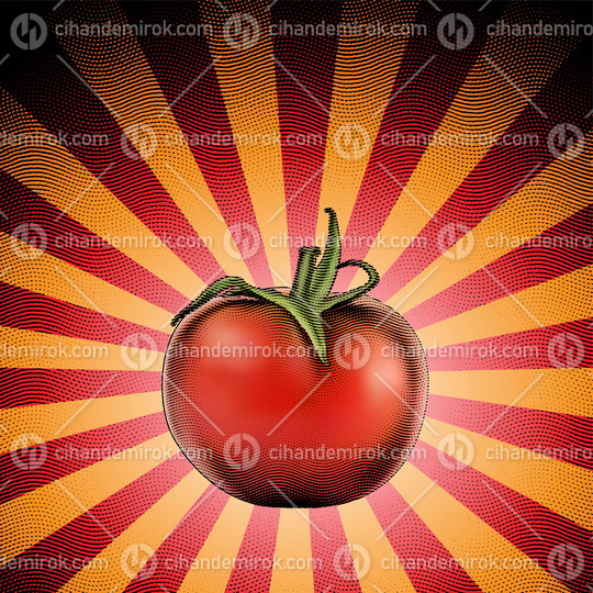 Scratchboard Engraved Tomato over a Red Striped Background