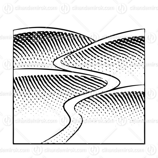 Scratchboard Engraving of Hills and River