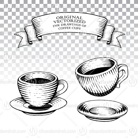 Scratchboard Style Ink Drawings of Coffee Cups