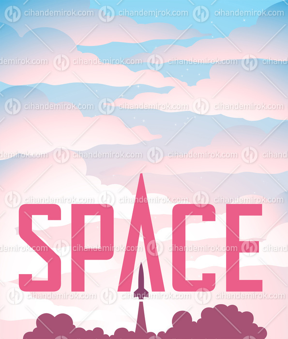 Space Poster of a Rocket Launch Over a Pink and Blue Starry Nigh