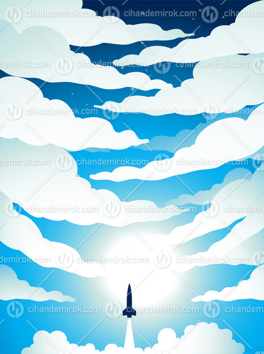Space Poster of Rocket Launch Over a Cloudy Blue Sky