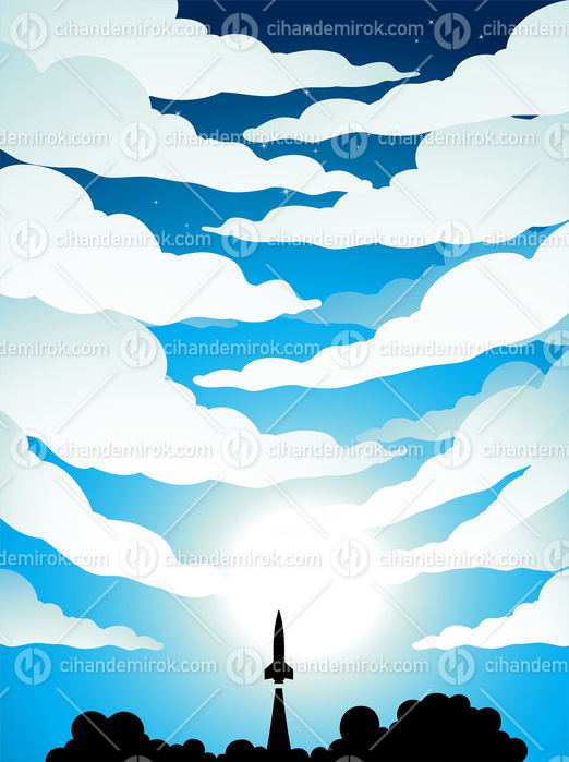 Space Poster of Rocket Launch Silhouette Over a Blue Cloudy Sky