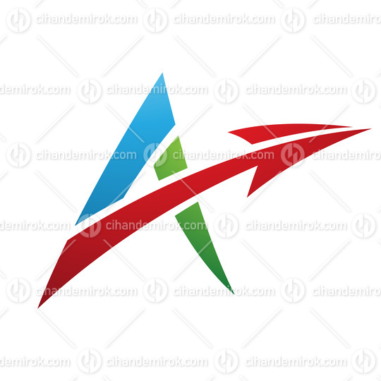 Spiky Letter A with a Diagonal Arrow in Green Blue and Red Colors