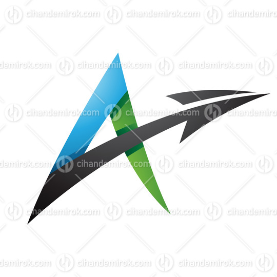 Spiky Shaded Letter A with a Diagonal Arrow in Green Blue and Blue Colors
