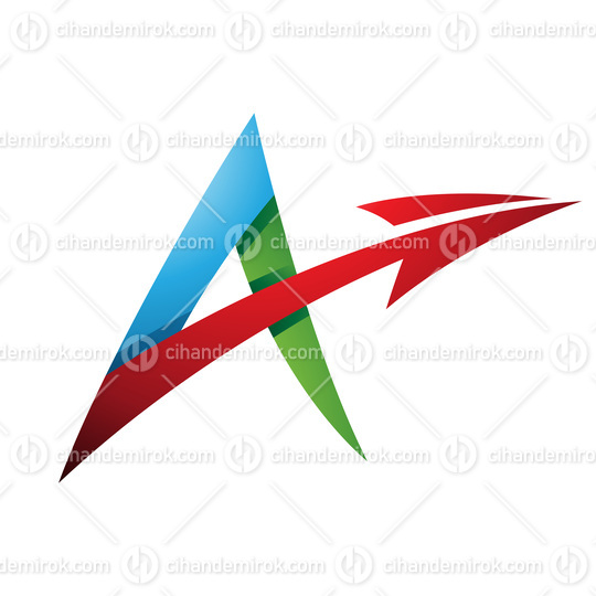 Spiky Shaded Letter A with a Diagonal Arrow in Green Blue and Red Colors