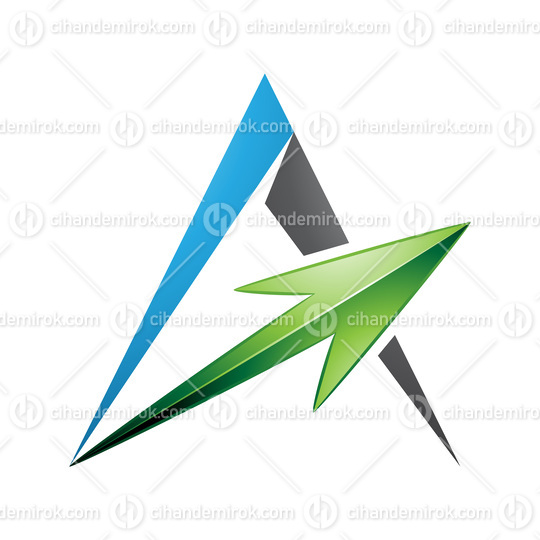 Spiky Triangular Blue and Black Letter A with a Green Arrow