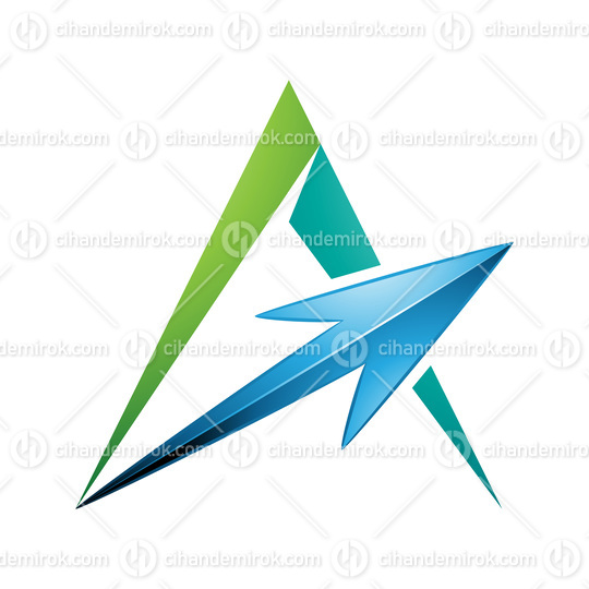 Spiky Triangular Green Letter A with a Blue Arrow