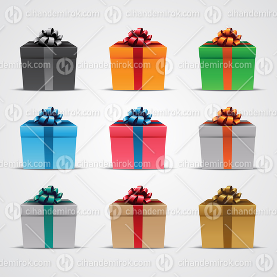 Square Gift Boxes with Glossy Ribbons - Set 1 Vector Illustration
