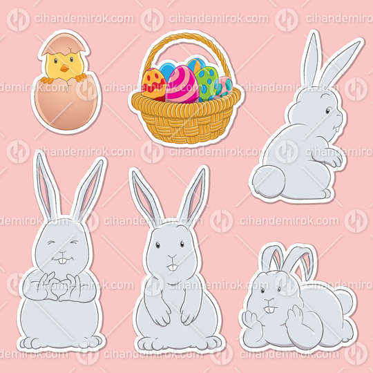 Stickers of Easter Bunnies Eggs Basket and a Chick