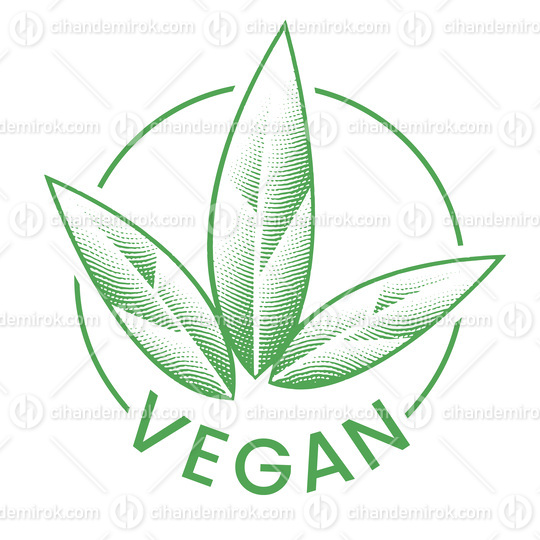 Vegan Engraved Round Icon with 3 Green Leaves - Icon 3