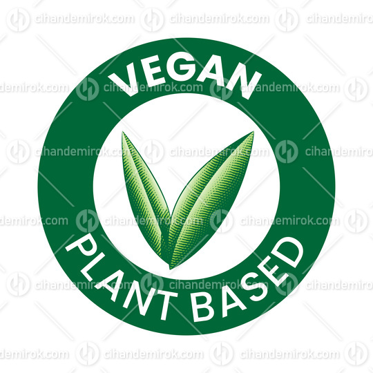 Vegan Plant Based Round Icon with Engraved Green Leaves