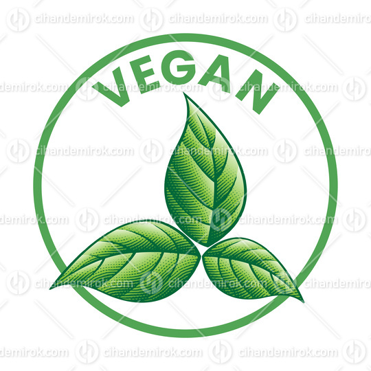 Vegan Round Icon with 3 Shaded Engraved Green Leaves - Icon 1