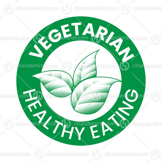 Vegetarian Plant Based Engraved Round Icon with Green Shaded Lea