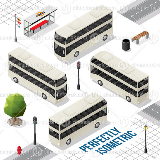 White Double Decker Isometric Bus from the Front Back Right and Left