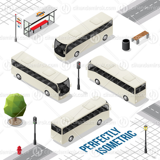 White Isometric Bus from the Front Back Right and Left