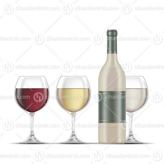 White Wine Bottle and Three Wine Glasses