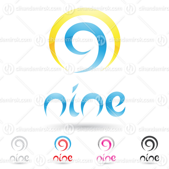 Yellow and Blue Abstract Glossy Logo Icon of a Spiky Round Number 9