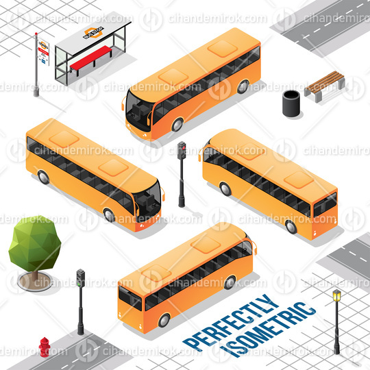 Yellow Isometric Bus from the Front Back Right and Left