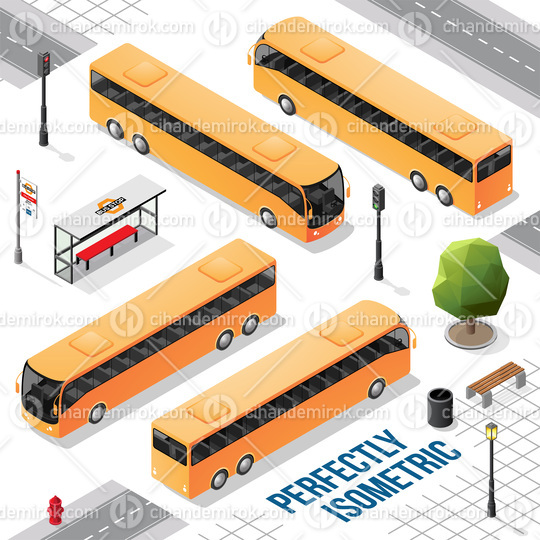 Yellow Long Isometric Bus from the Front Back Right and Left