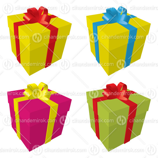 Yellow, Magenta and Green Gift Boxes with Colorful Ribbons