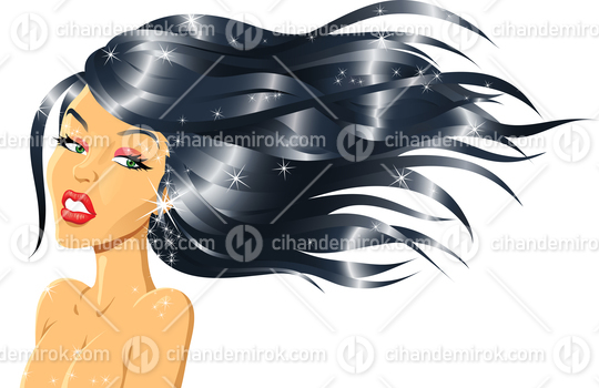 Young Girl with Black Wavy and Shiny Long Hair