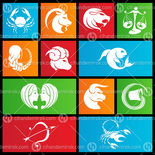 Zodiac Signs and Icons on Colorful Square Shapes